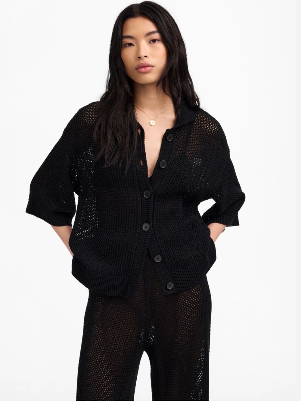 Madewell Black Open-Stitch Button-Front Cardigan